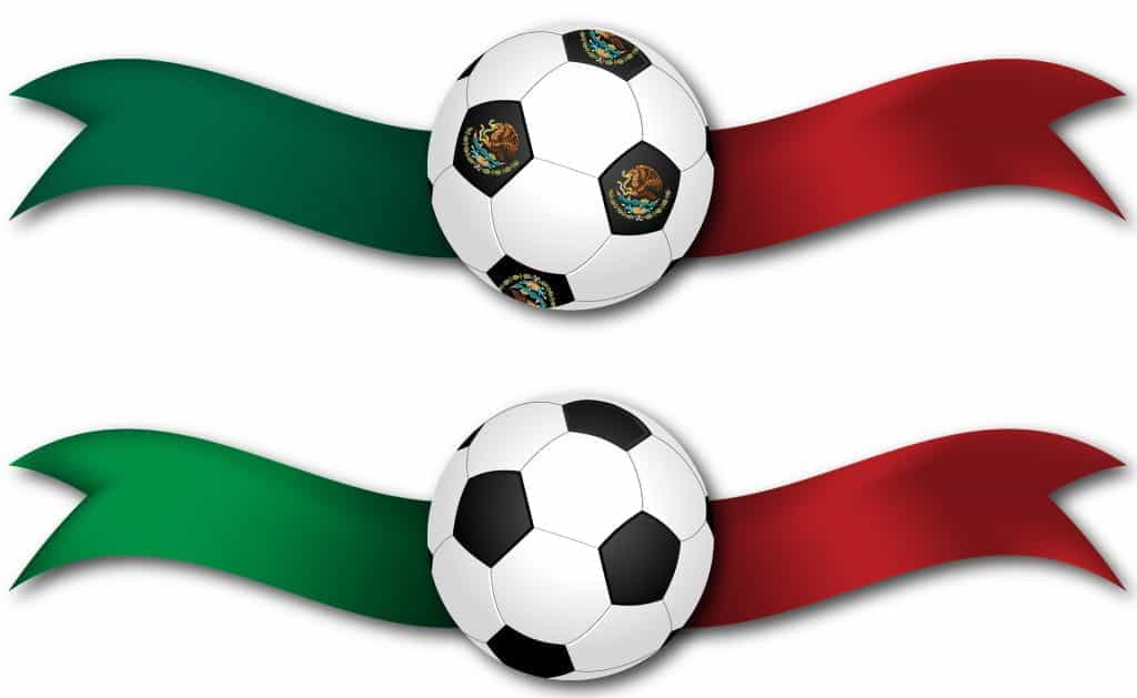 Computer graphics of two soccer balls, one above the other. Behind each soccer ball are large ribbons, which are green on the left side and red on the other (to indicate the Mexico flag).