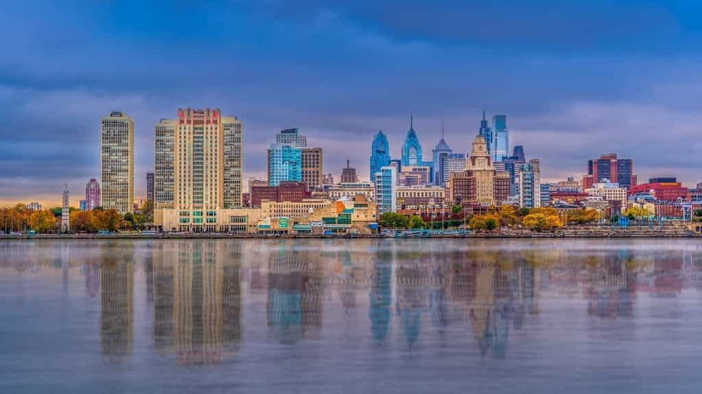 Philadelphia city skyline at dusk. 