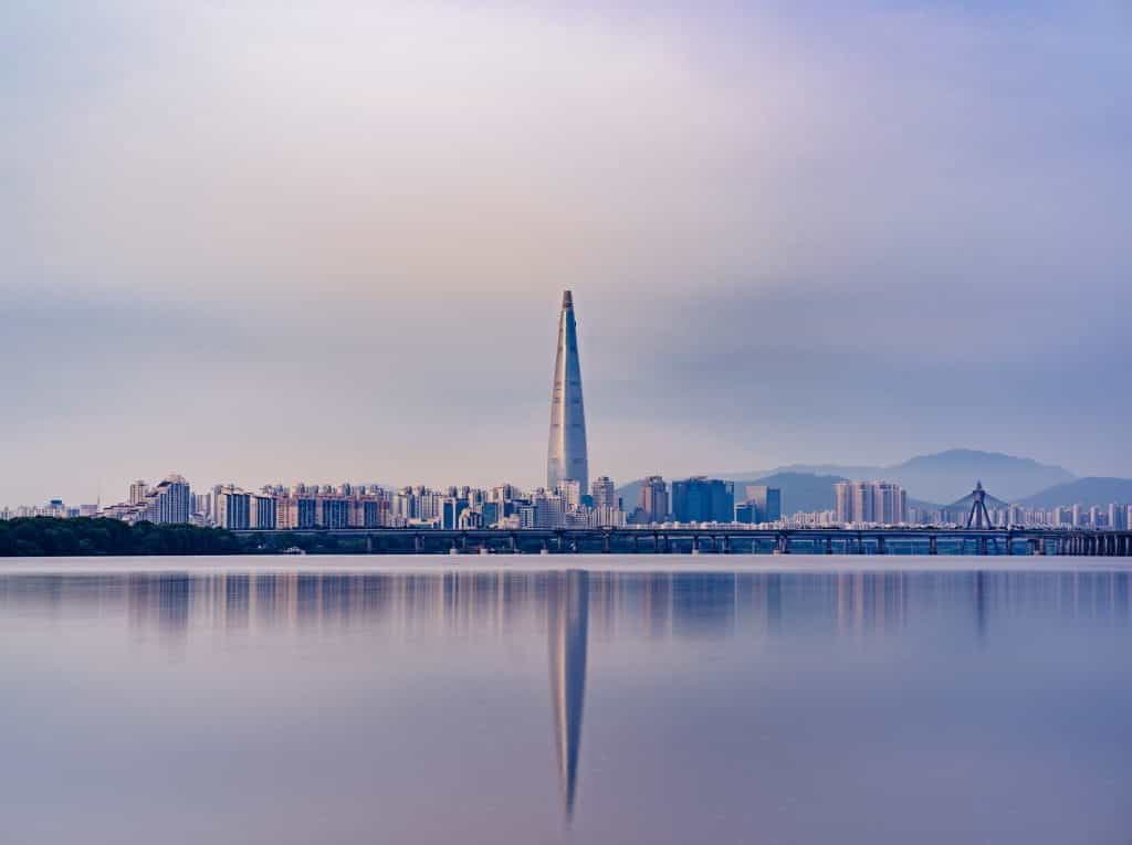 Landscape of towering buildings in Seoul, South Korea.
