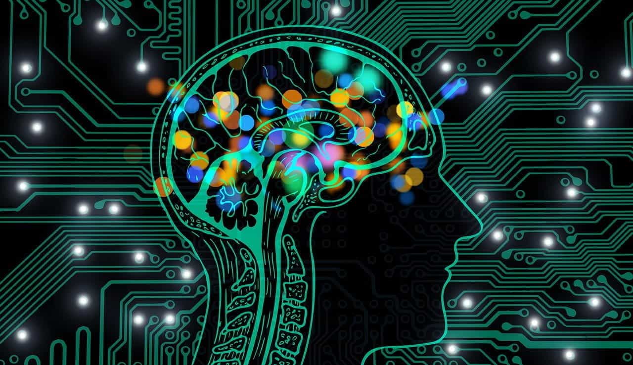 Artificial intelligence and machine learning visualized in human brain.