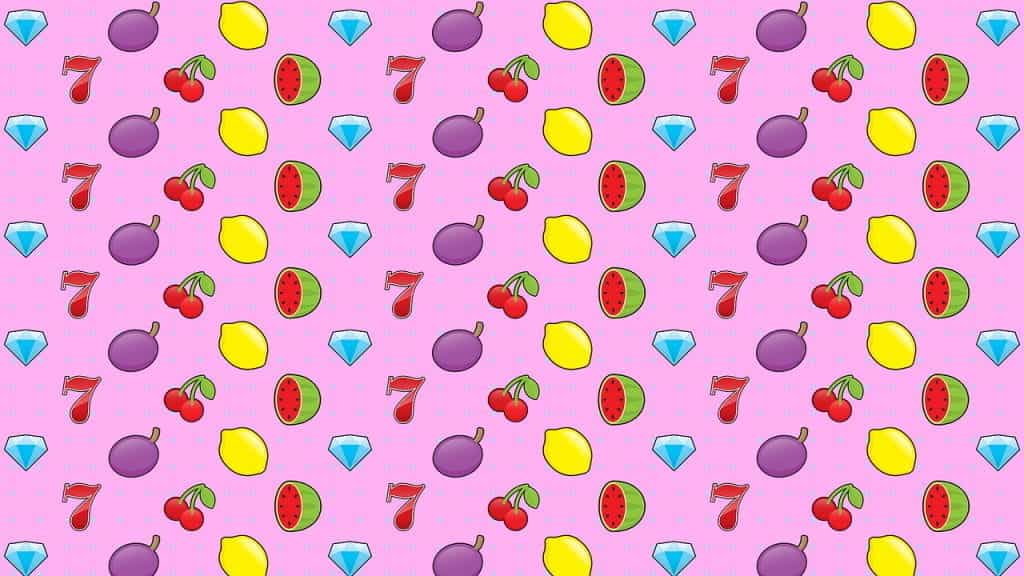 Cartoon graphics of common slot machine motifs on a pink backdrop, including gems, fruits (lemons, watermelon), and lucky 7s.