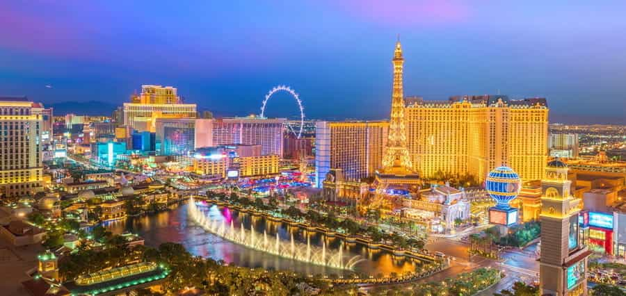 The skyline of Las Vegas at night.