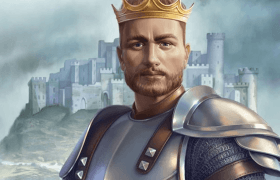 King Arthur in the spotlight with Camelot in the background.