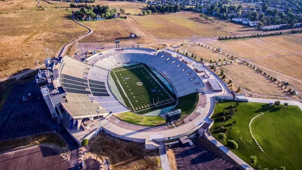The stadium for Colorado State university from above.