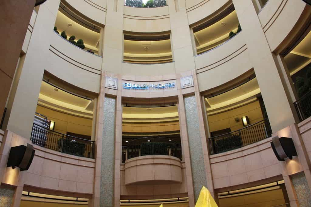 The Dolby Theatre in Hollywood exterior with lit up sign.