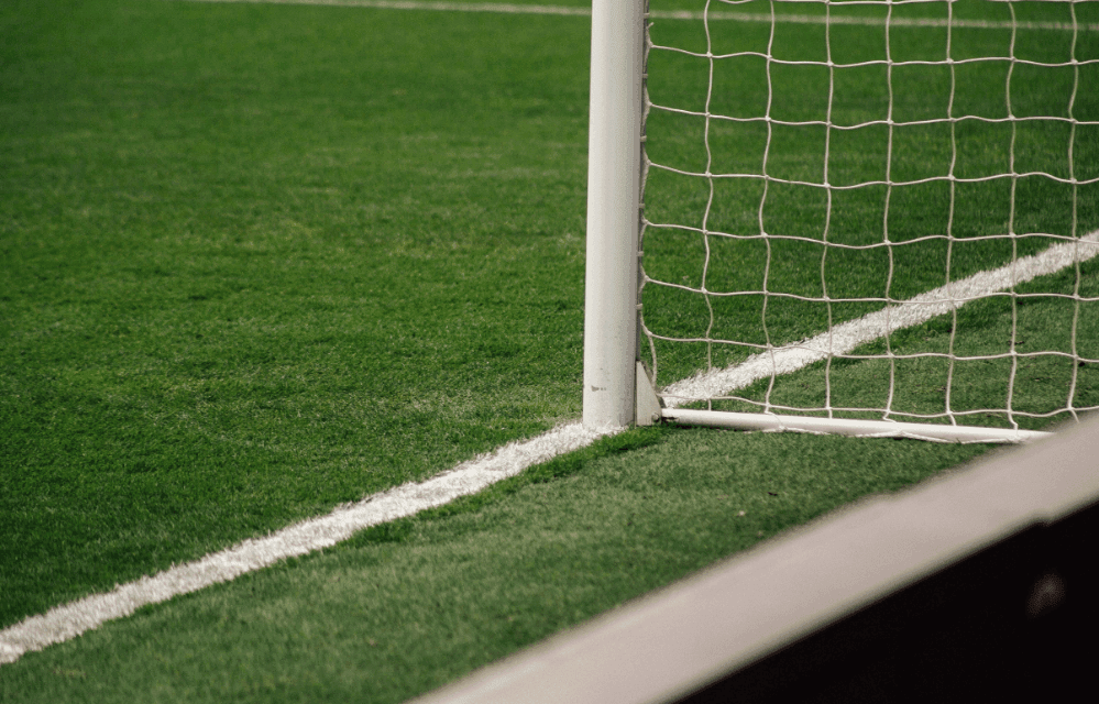Edge of a football pitch with white markings and goal.