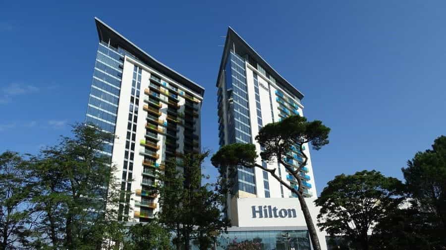 A look up at a Hilton hotel.
