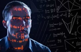 A person surrounded by mathematical formulae.