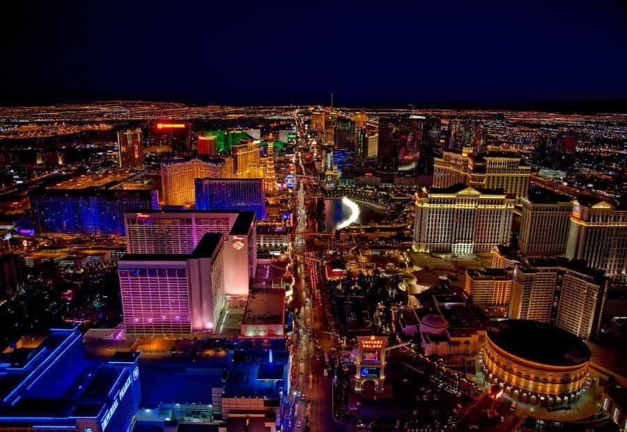 Las Vegas strip skyline at night time.
