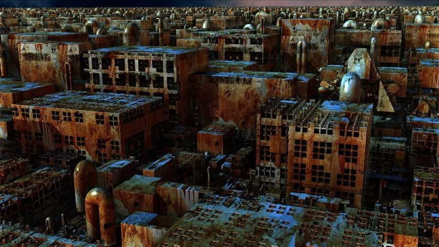 A bird’s eye view of decaying buildings.