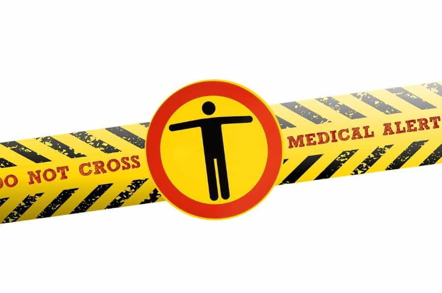A yellow strip of caution tape reading: DO NOT CROSS, MEDICAL ALERT.