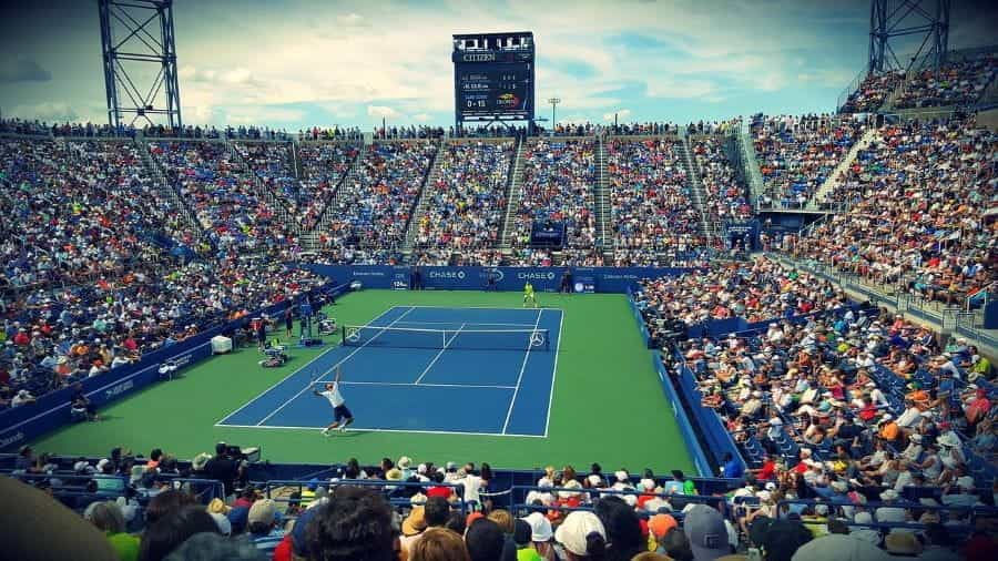 A player serving in a tennis match.