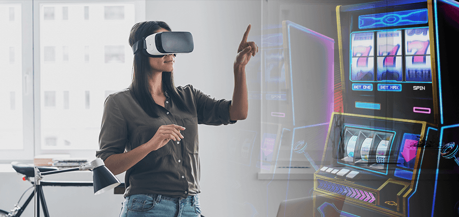 A woman wearing a virtual reality headset, next to images of slot machines.
