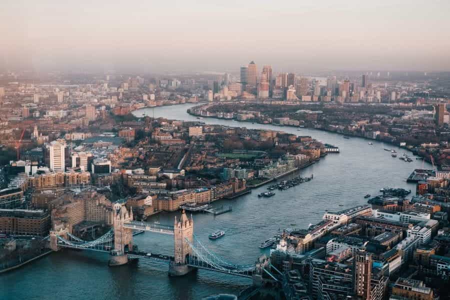 London from above, including the river Thames and London bridge.