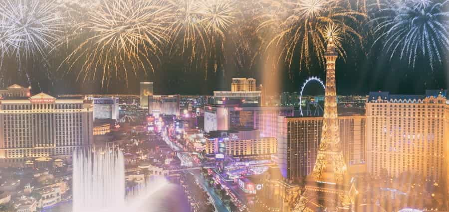 Fireworks exploding over Las Vegas.