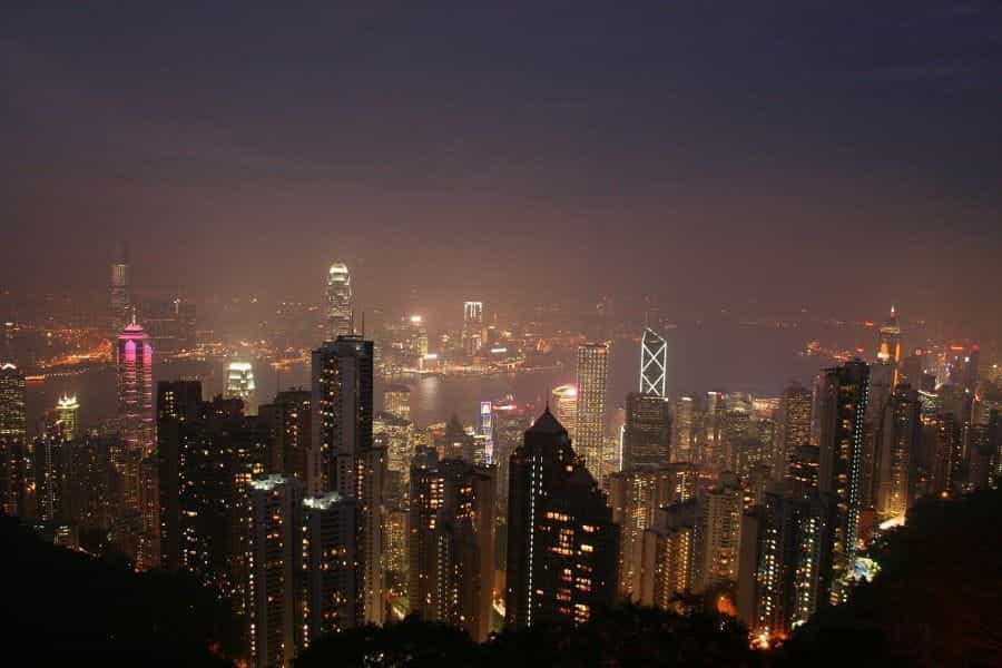 The city of Hong Kong at night.