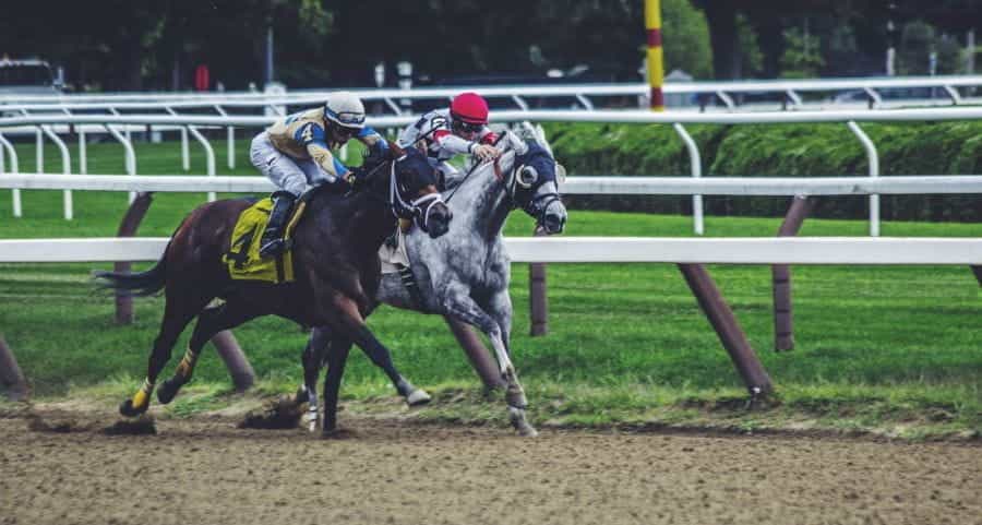 Two horse racing around a track.