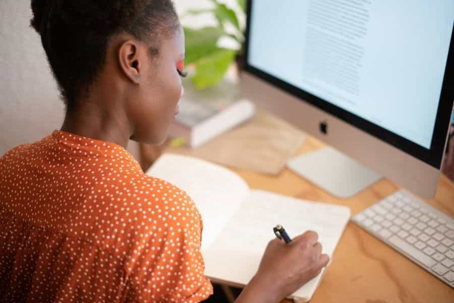 A woman works from home.