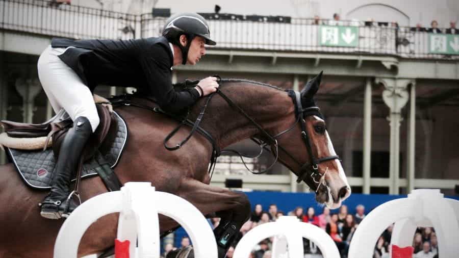 A professional jockey races a horse in front of spectators.