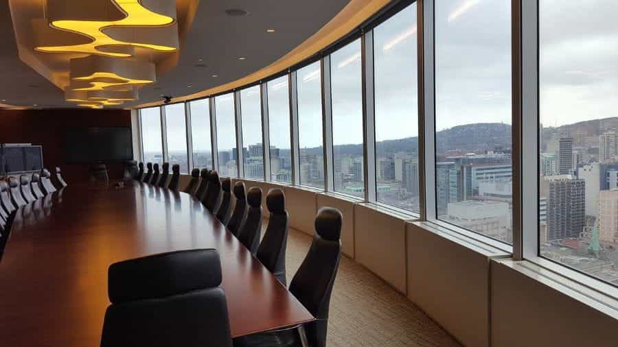 Boardroom overlooking city.