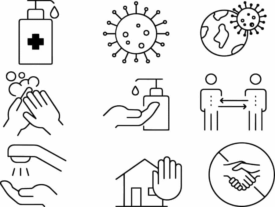 A series of line drawings about coronavirus: handwashing, hand sanitizer, social distancing.