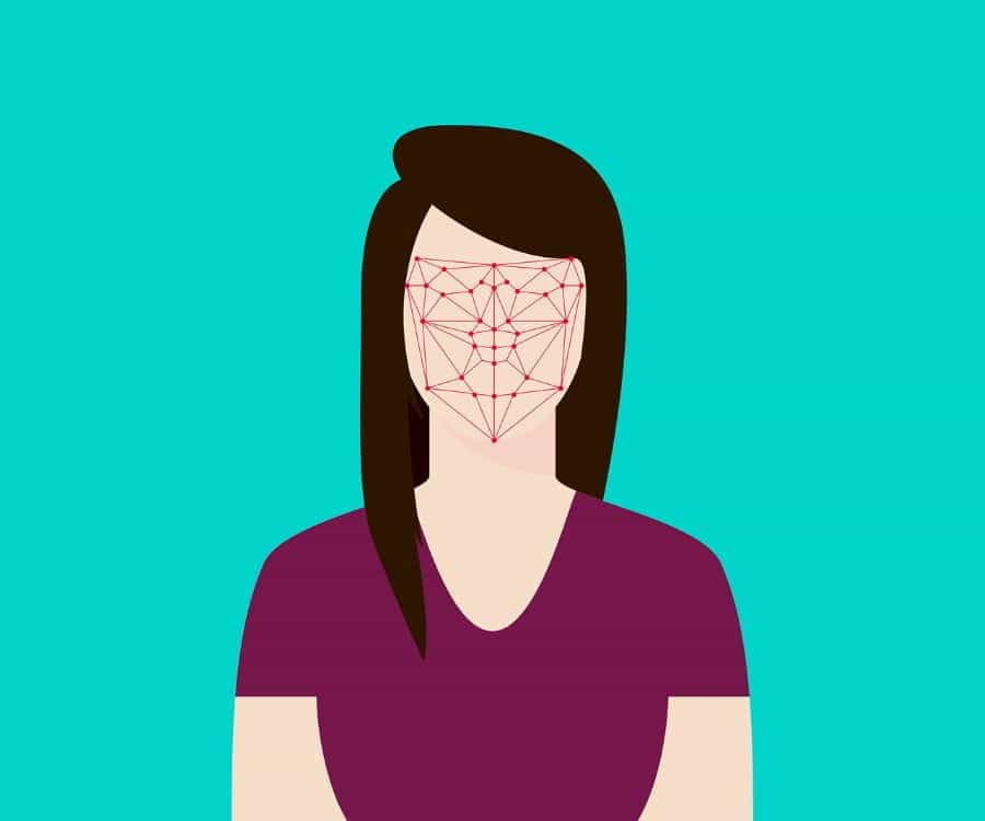 A cartoon woman with facial recognition metrics on face.