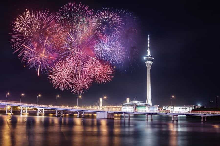 Macau skyline with fireworks.