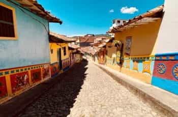 A steep and colorful street in Antioquia, Colombia.