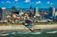 Atlantic City skyline and beach with casinos.