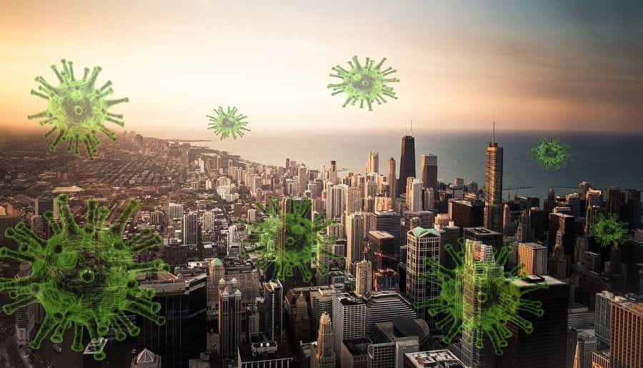 The skyline of Chicago, Illinois overlaid with coronavirus strain.