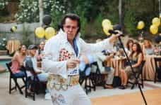 An Elvis impersonator performs at a backyard party.