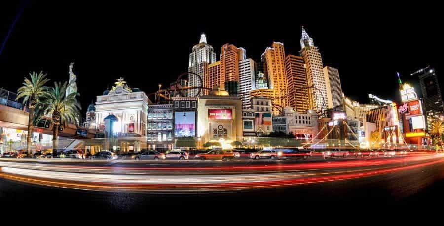 A panorama of the Las Vegas Strip casinos at night.