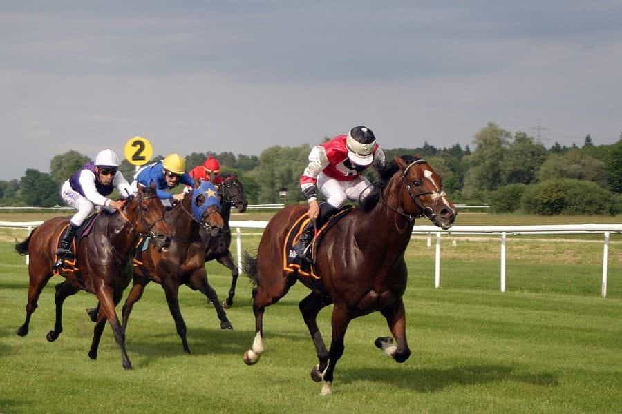 Jockeys racing horses around a track.