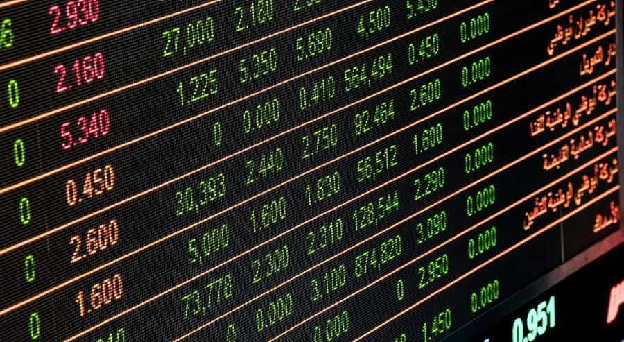 Prices of stocks are illuminated on ticker board.