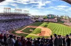 Panorama of Wrigley Field during baseball game.