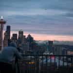 The sunrise over the skyline in Seattle, Washington.