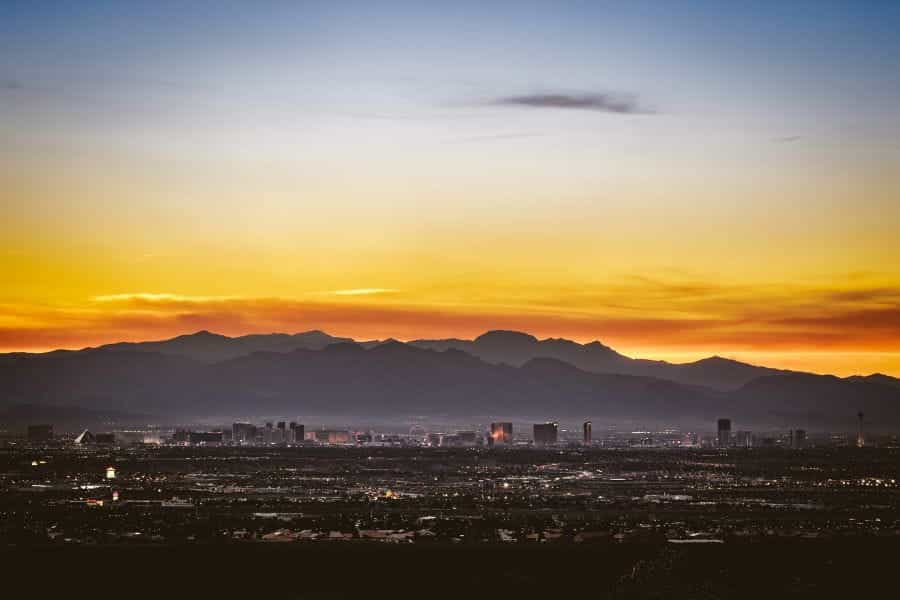 Sunset over the Las Vegas strip, seen from a distance.