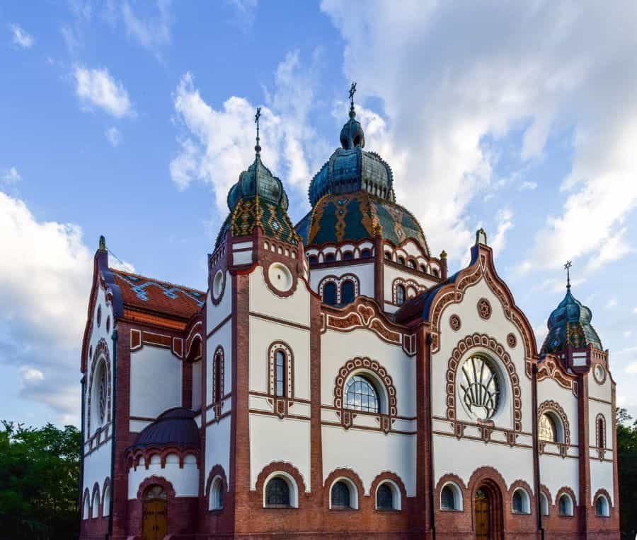 A white-and-brown building designed in an ornate Eastern European architectural style in Subotica, Serbia.