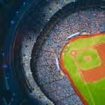 Baseball stadium at night from above.