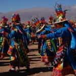 Andean dancers wear traditional festive costumes in Ayquina, Chile.