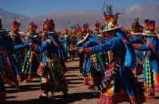 Andean dancers wear traditional festive costumes in Ayquina, Chile.