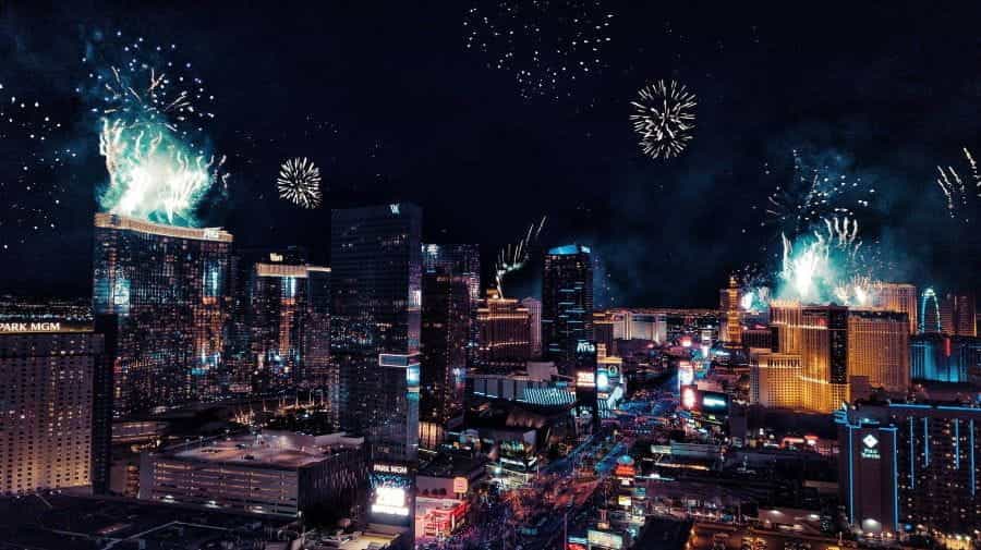 Fireworks at night over the Las Vegas Strip.