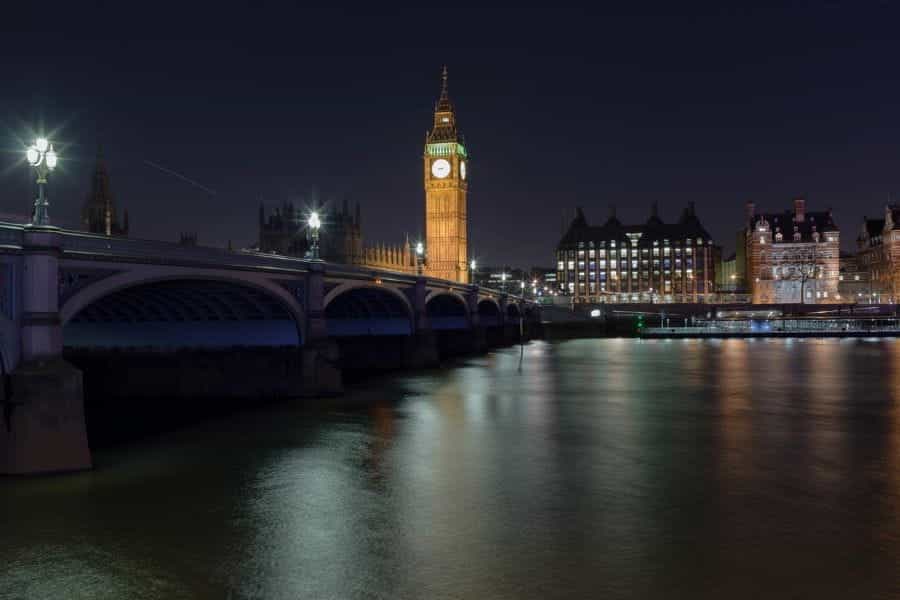Big Ben and the houses of Parliament at night, with River Thames.