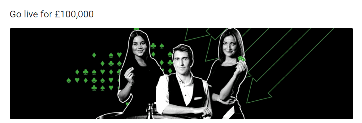 A banner for the Go Live for £100,000 offer at Unibet, with three live casino croupiers.