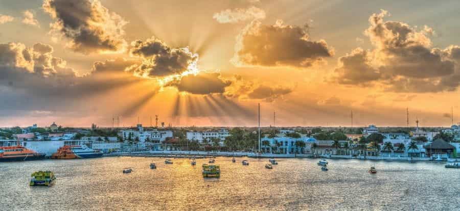 Sunrise over the bay in Cozumel, Mexico.