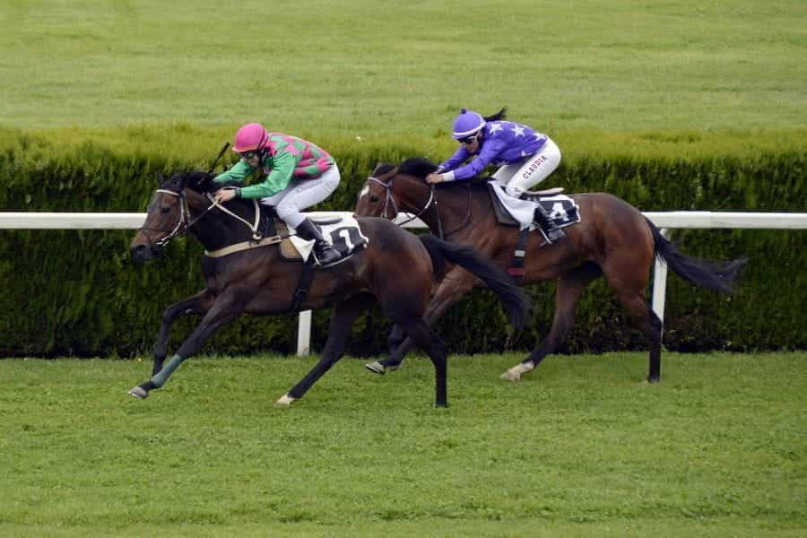 Jockeys racing on horses on a racetrack.