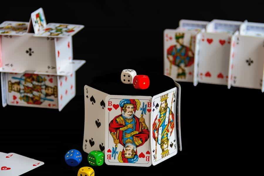 Stacks of playing cards and dice.