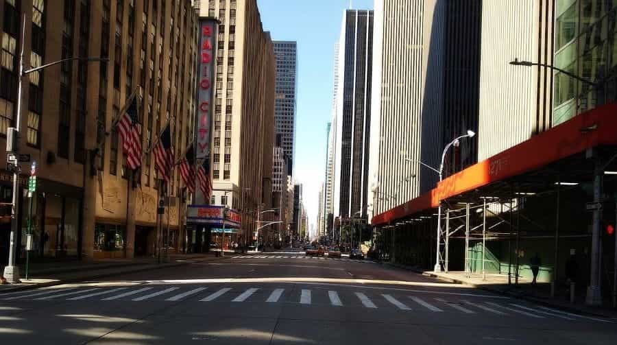 A quiet street by Radio City Music Hall in New York City, New York.