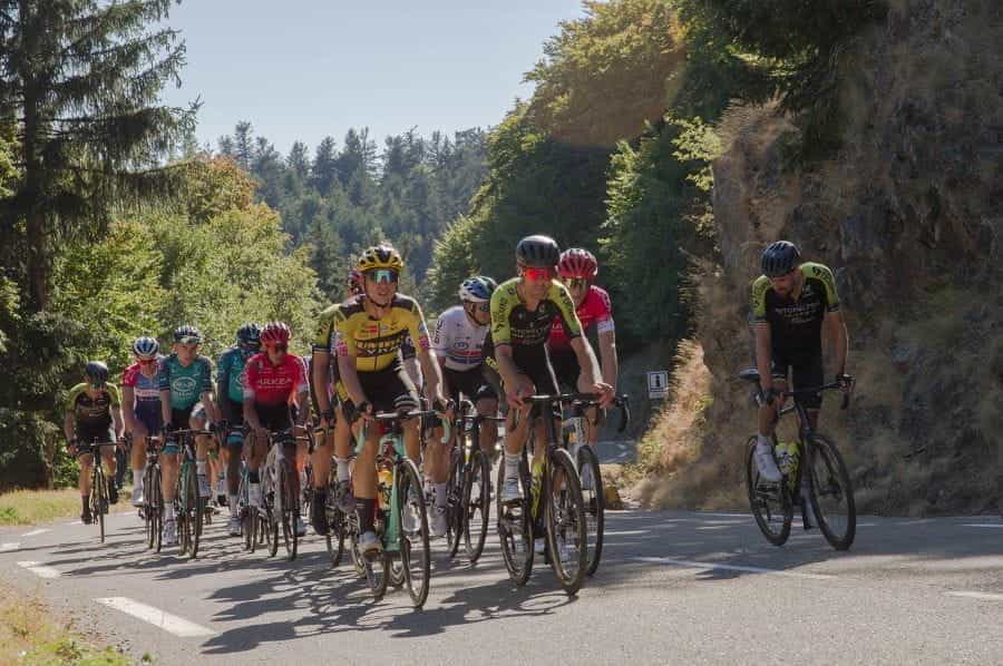 The peloton on a climb in the Tour de France.