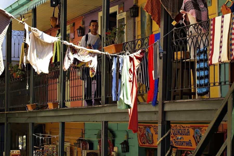 A clothesline in a colorful caminito in Buenos Aires, Argentina.